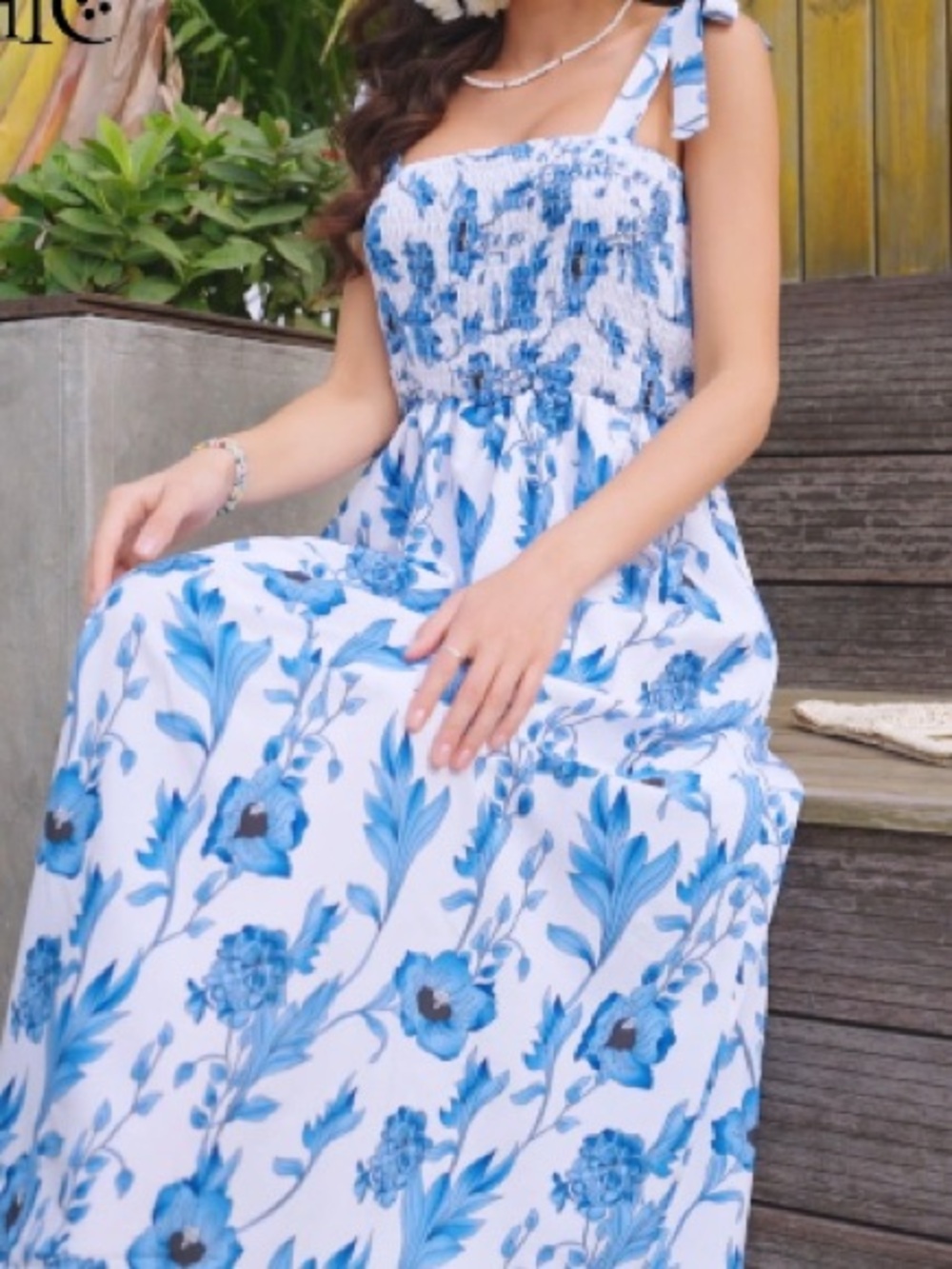 Blue Floral Smocked Midi Dress with Tie Straps